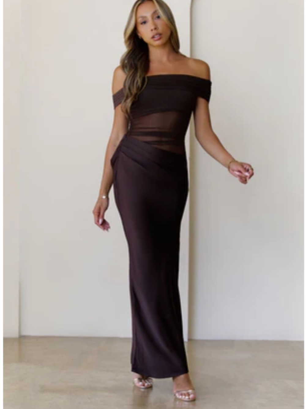 Hello Molly Off-Shoulder Chocolate Brown Maxi Dress